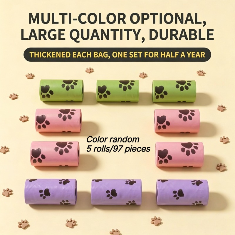 TEMU 97count Dog Poop Bags (5 Rolls), Bone And Paw Print Pet Waste Bags, Extra Thick Leak Proof & Unscented Doggy Bags For Outdoor Walking And Indoor