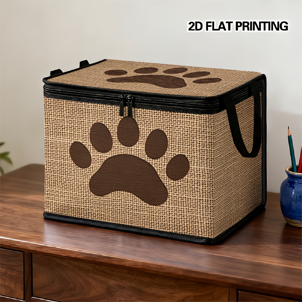 TEMU 1 Brown Paw Print Polyester Storage Box | Lidded Organizer Basket For Laundry, Holiday Decorations, Keeping Towels And Essentials Neat, Opening,