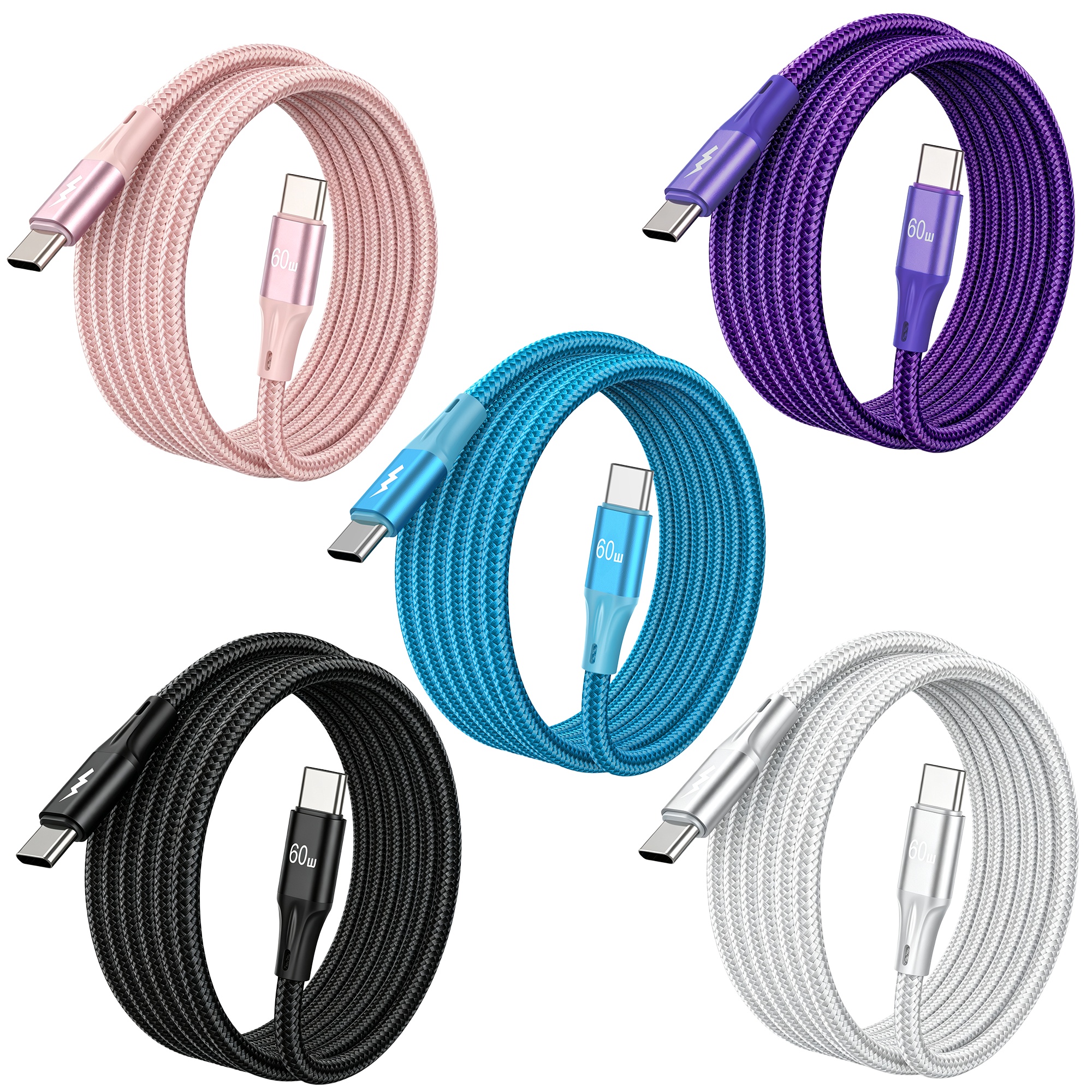 5pcs USB to USB-C Cable 60W Fast Charging, Durable Braided
