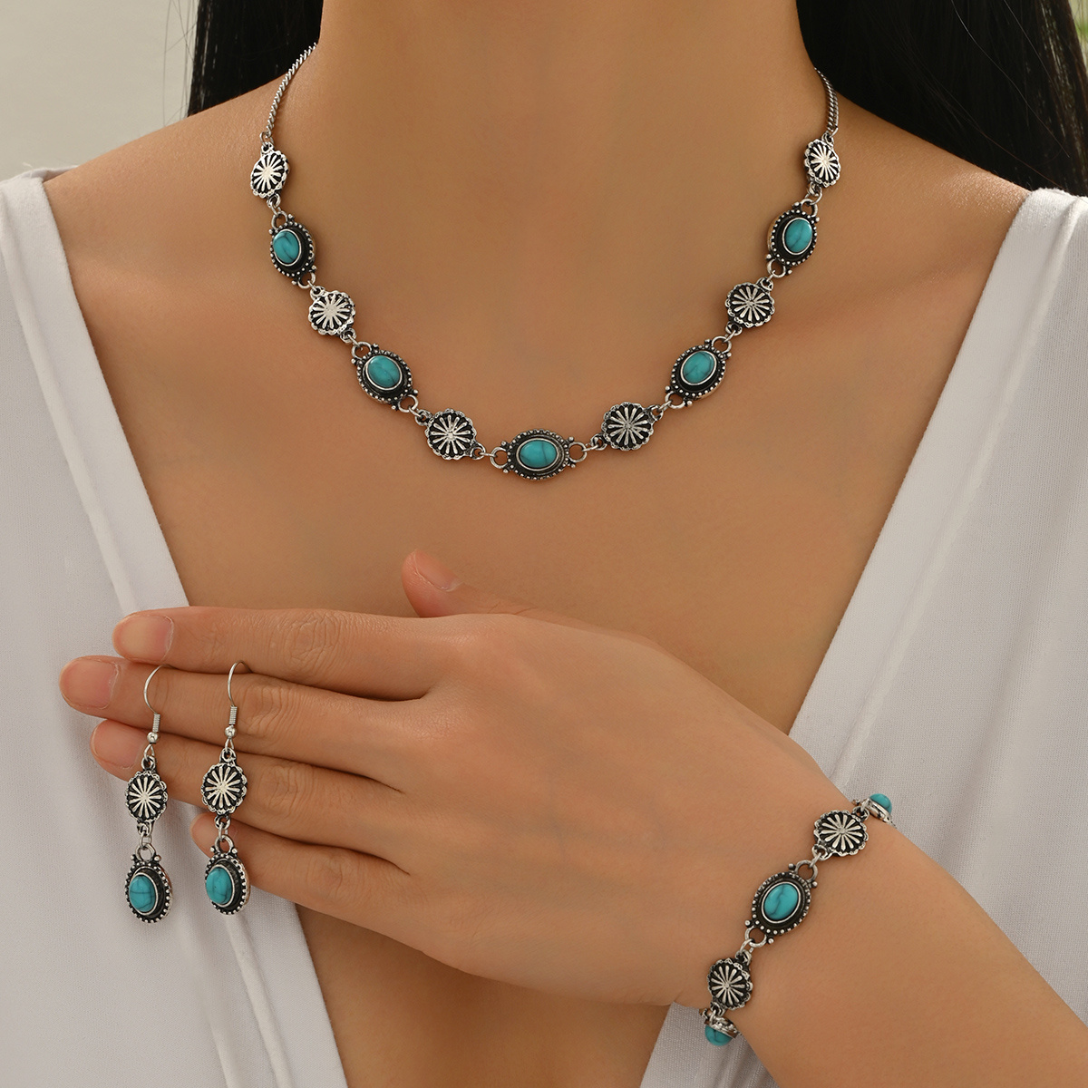 TEMU Conjunto de joyería para mujer, 4 piezas, collar + pulsera + aretes, diseño retro bohemio geométrico con pequeñas flores , empalmada, ideal para
