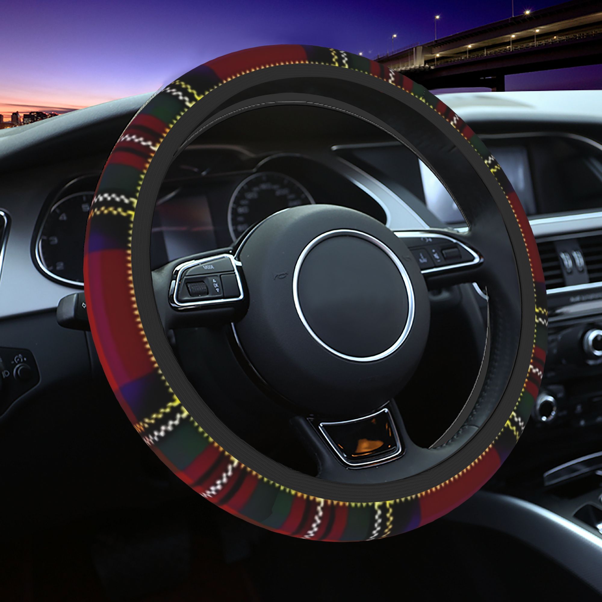 TEMU 1pc Royal Stewart Tartan Red Tartan | Neoprene Steering Wheel Cover, No , Universal Fit For Cars | Enhances Driving Pleasure, Ideal Gift For