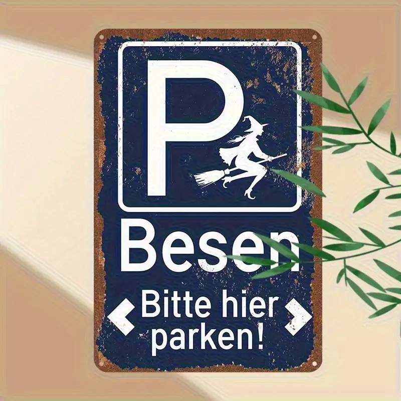 E-shop 2D Flacher Holzdruck [1 Stück] Vintage Hexe auf dem Besen Parkschild - Humorvolle "" Holzoptik Wandkunst, Distressed Retro Dekor für Zuhause,