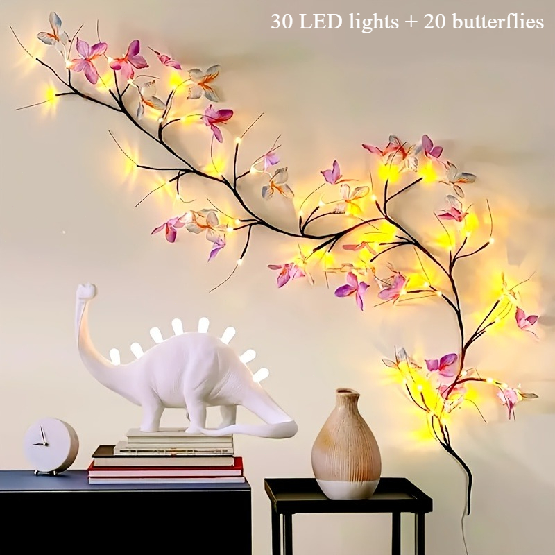 TEMU 1pc 50-light Rattan String Light (30 Leds + 20 Butterflies), Usb Powered, 8 Lighting . Artificial Branch With Light String, Usb-powered Willow
