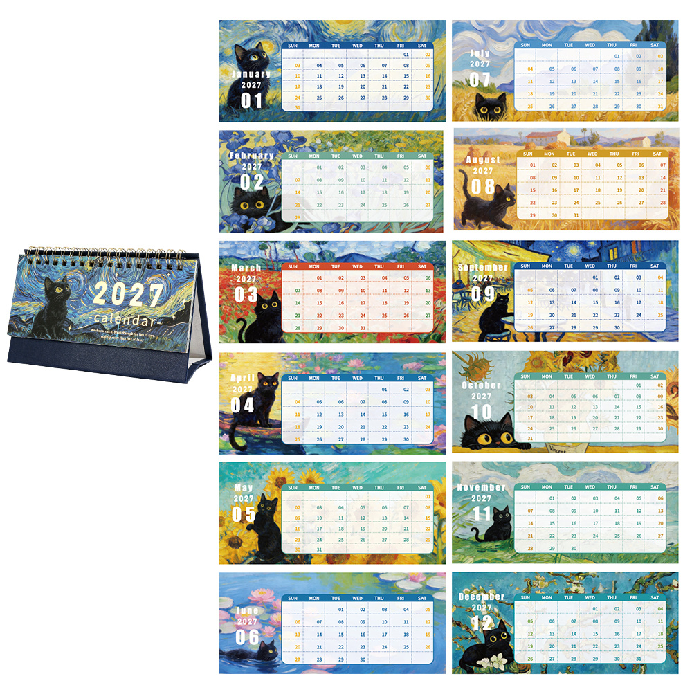TEMU Calendrier de bureau 2027 Thème d'art peinture à l'huile créatif, planificateur de table portable et mensuel, organisateur de dates, calendriers