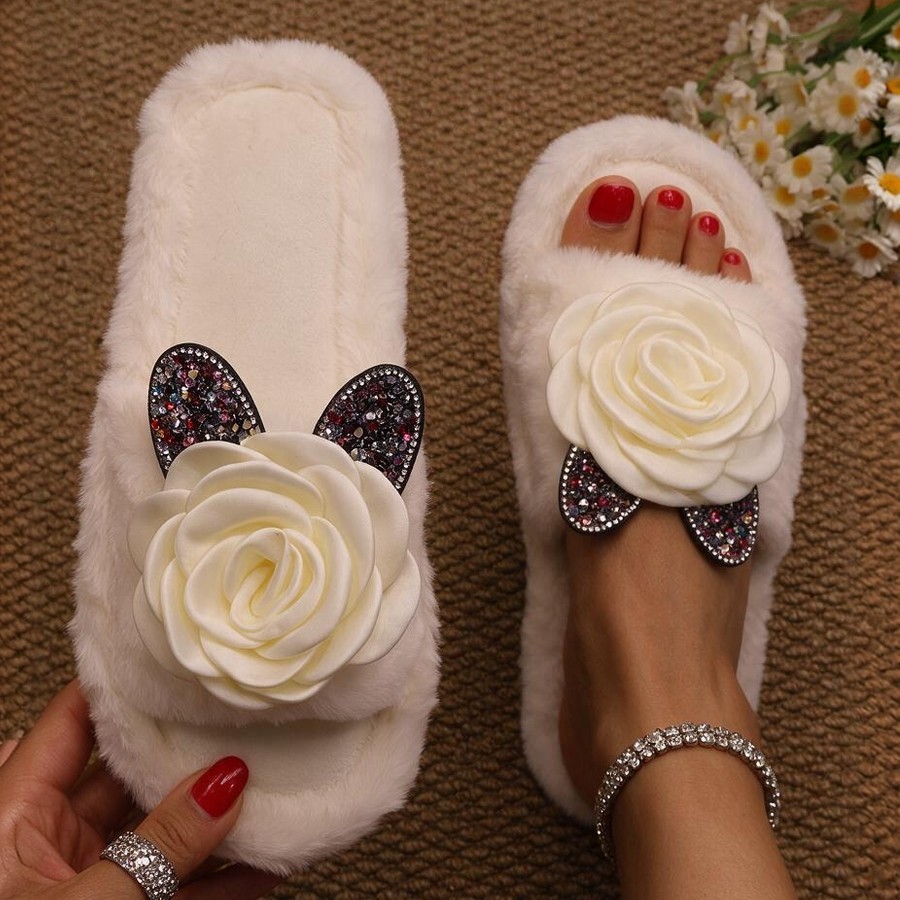 item picture womens autumn winter fuzzy slippers indoor slippers with floral decoration thickened plush warm straight toe indoor floor shoes fluffy womens slippers shoes women shoes