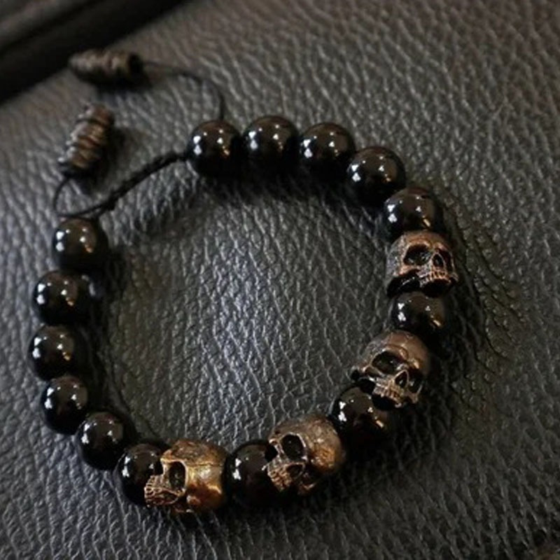 TEMU Men's Skull Pendant Bracelet - Alloy Gothic Skull Charm With Black Beads, Edgy Unisex Jewelry For Casual & Party Wear