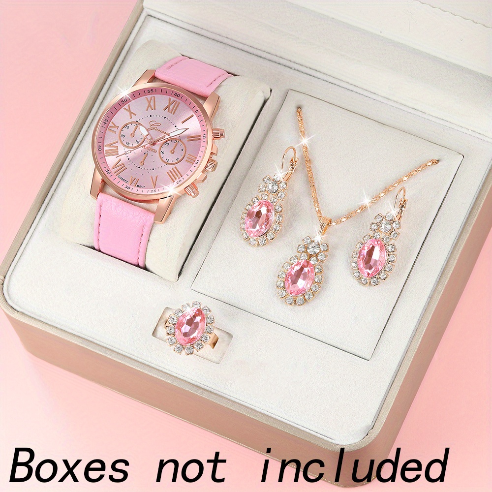 Image of 5pcs Women's Fashion Casual Quartz Watch And Jewelry Accessory Set Stylish Necklace Earrings Ring Set For Daily Wear And Gifts