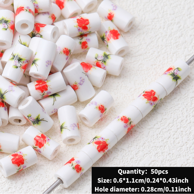 Cute Ceramic Decal Cylindrical Beads, 20pcs Set for DIY