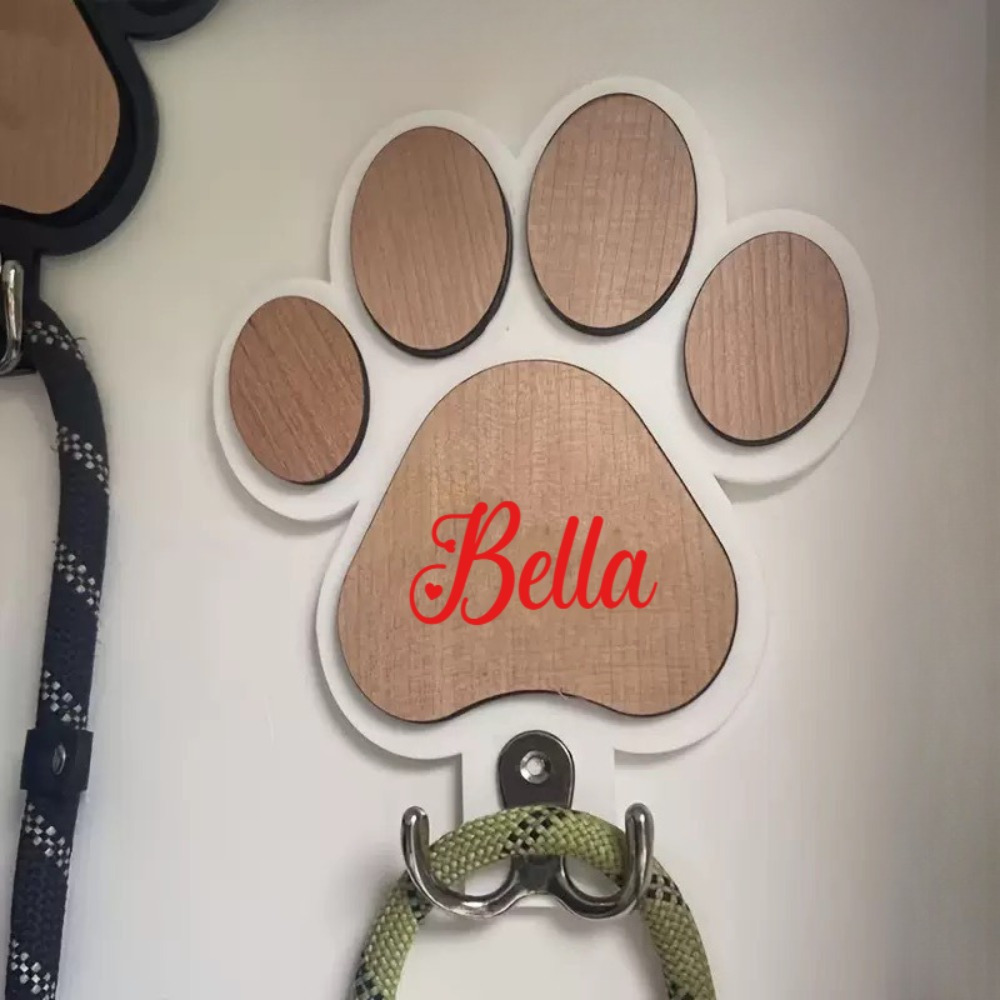 Personalized Custom Name, Paw Print Wooden Dog Leash Hook, Custom Wall Hook - Suitable For Collars And Coats, Durable Wood Design, Keepsake Gift For Pet Lovers
