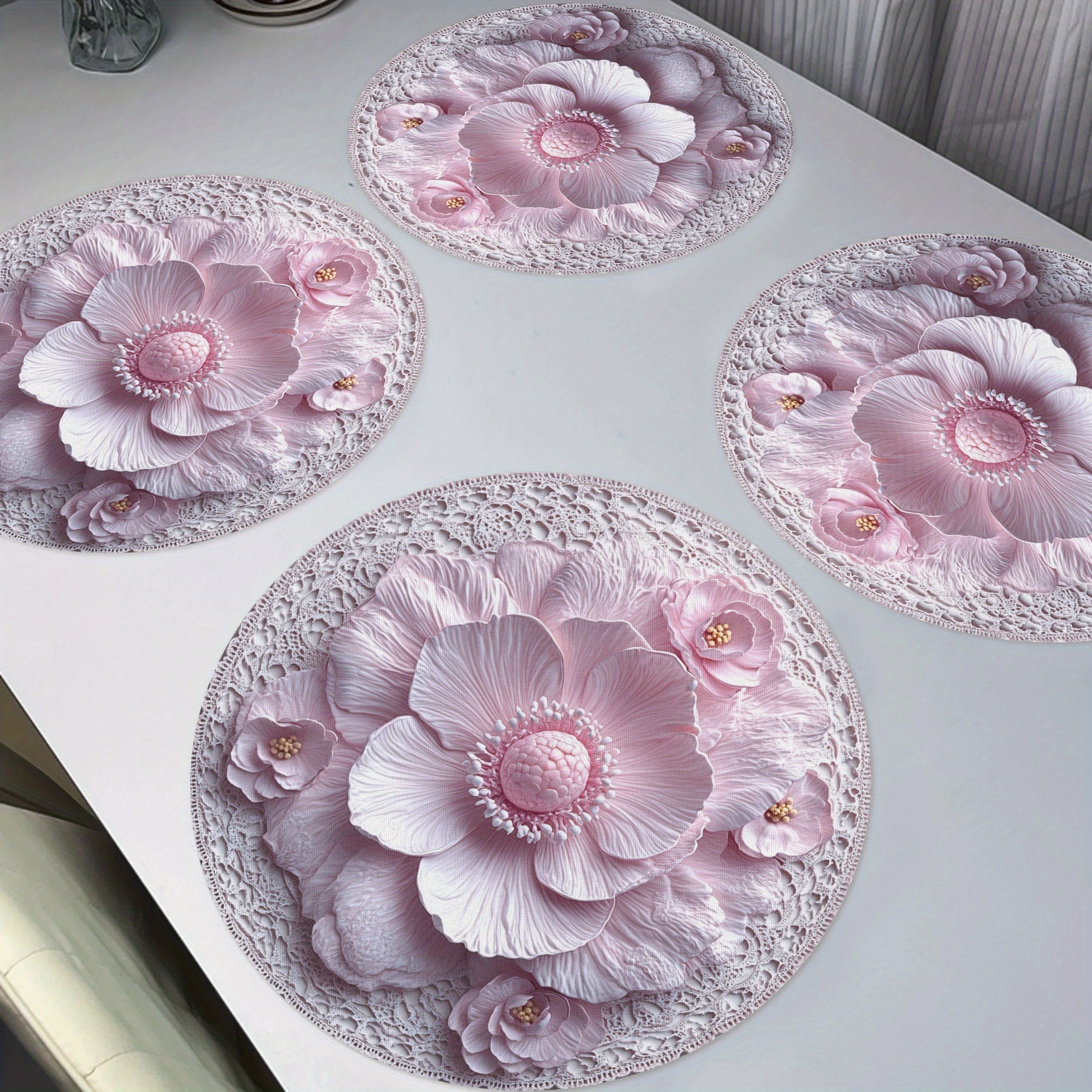 

Set Of 4 Pink Round Placemats - Non-slip, Heat Resistant Knit Fabric Table Mats For Dining & Parties,