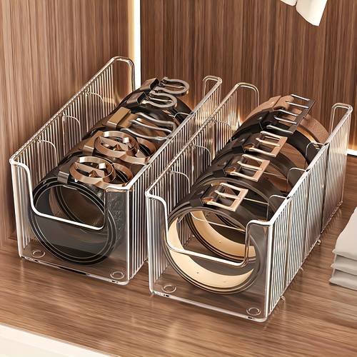 acrylic leather belt and tie organizer box large capacity divided rack multi purpose countertop organizer suitable for belts ties cosmetics jewelry transparent vanity storage box for bedroom bathroom wardrobe