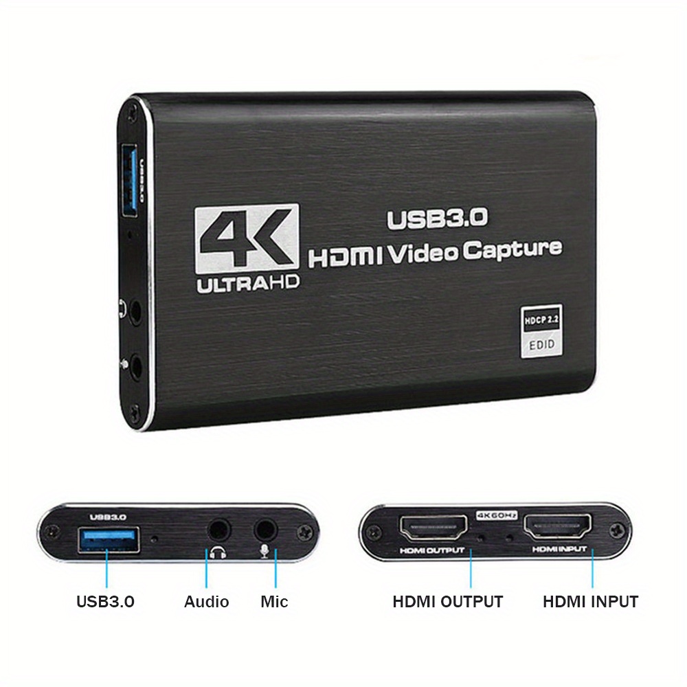 USB 3.0 HDTV Video 4K Ultra HD Capture Card, Live Video Data Camera for PS4 Game Console Recording Audio Capture with Loop Output Support, 1080P 60FPS