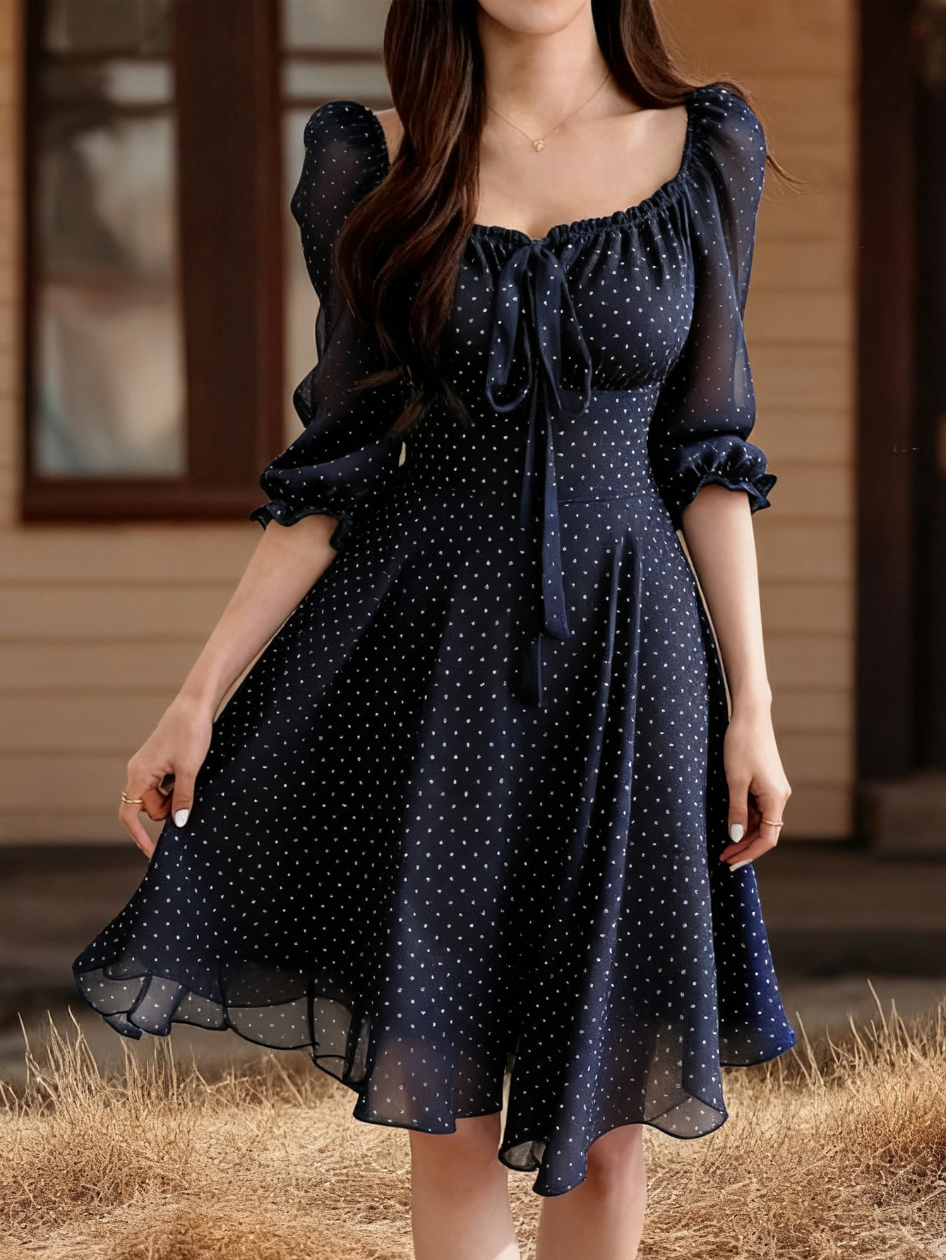 sachin and babi light blue dress Long Sleeve Clip Dot Chiffon Dress with Smocked Waist and Cuffs Navy Hydrolily / L main image 0