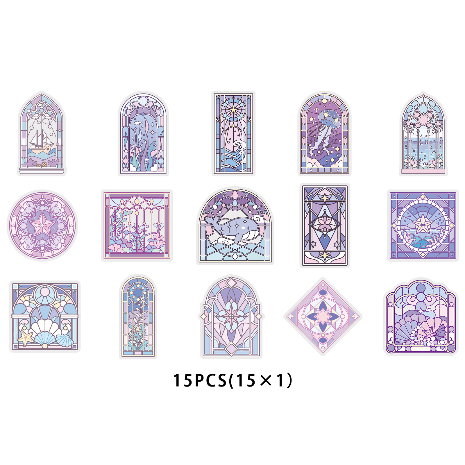 TEMU Pack de 15 autocollants PET Etori Life à motif de vitrail océanique aux violets, sous- style vitrail, matériel de collage DIY pour scrapbooking.