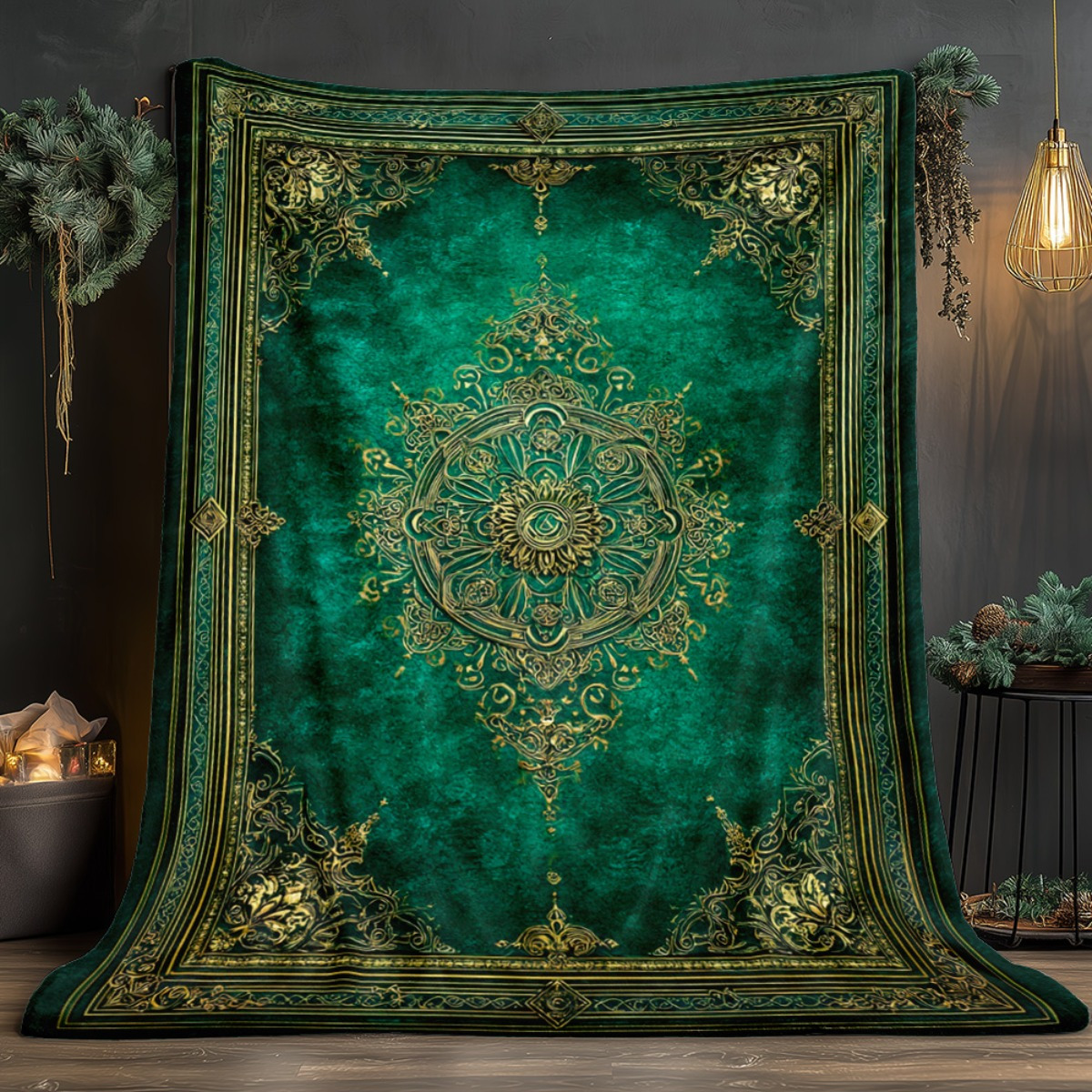 TEMU 1pc Green Elegant Mandala Pattern Blanket - Flannel Blanket, Suitable For Sofa, Camping, Living Room, Office, Chair, And Bed - Printed Soft And