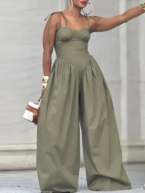 GlOURI Women's Olive Green Wide-Leg Jumpsuit - Spaghetti Strap & Sweetheart Neck & Ruched Bodice & Oversized Balloon Leg Detail | * * for * * for Effortlessly Stylish Looks GlOURI Women's Olive Green Wide-Leg Jumpsuit - Spaghetti Strap & Sweetheart Neck & Ruched Bodice & Oversized Balloon Leg Detail | * * for * * for Effortlessly Stylish Looks