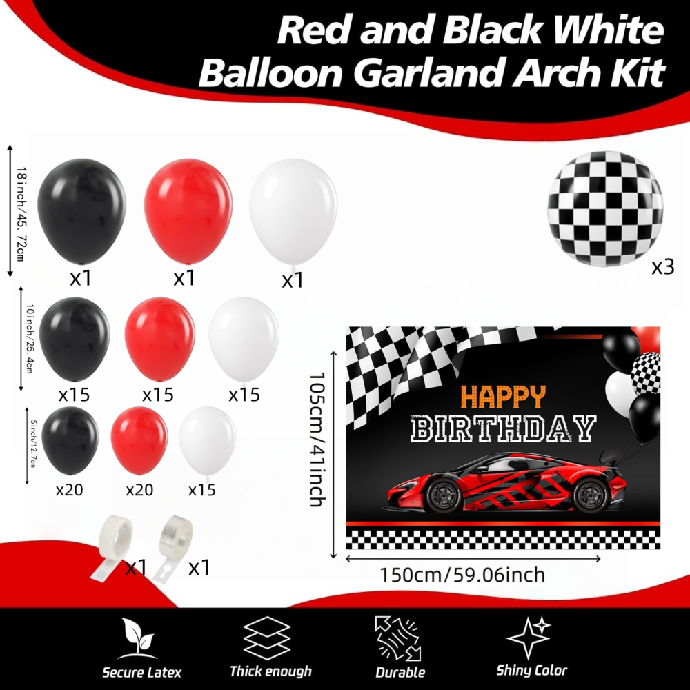 Image of 109pcs Racing Car Balloon Arch Red Black White Happy Birthday Print Party Decoration For Kids Birthday Party Supplies Halloween Christmas