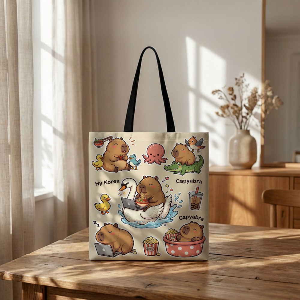TEMU Cute Capybara Tote Bag Suitable For Daily Shopping, Durable Grocery Bag With Fixed Shoulder Straps & Capybara Print, Suitable For School, Gifts