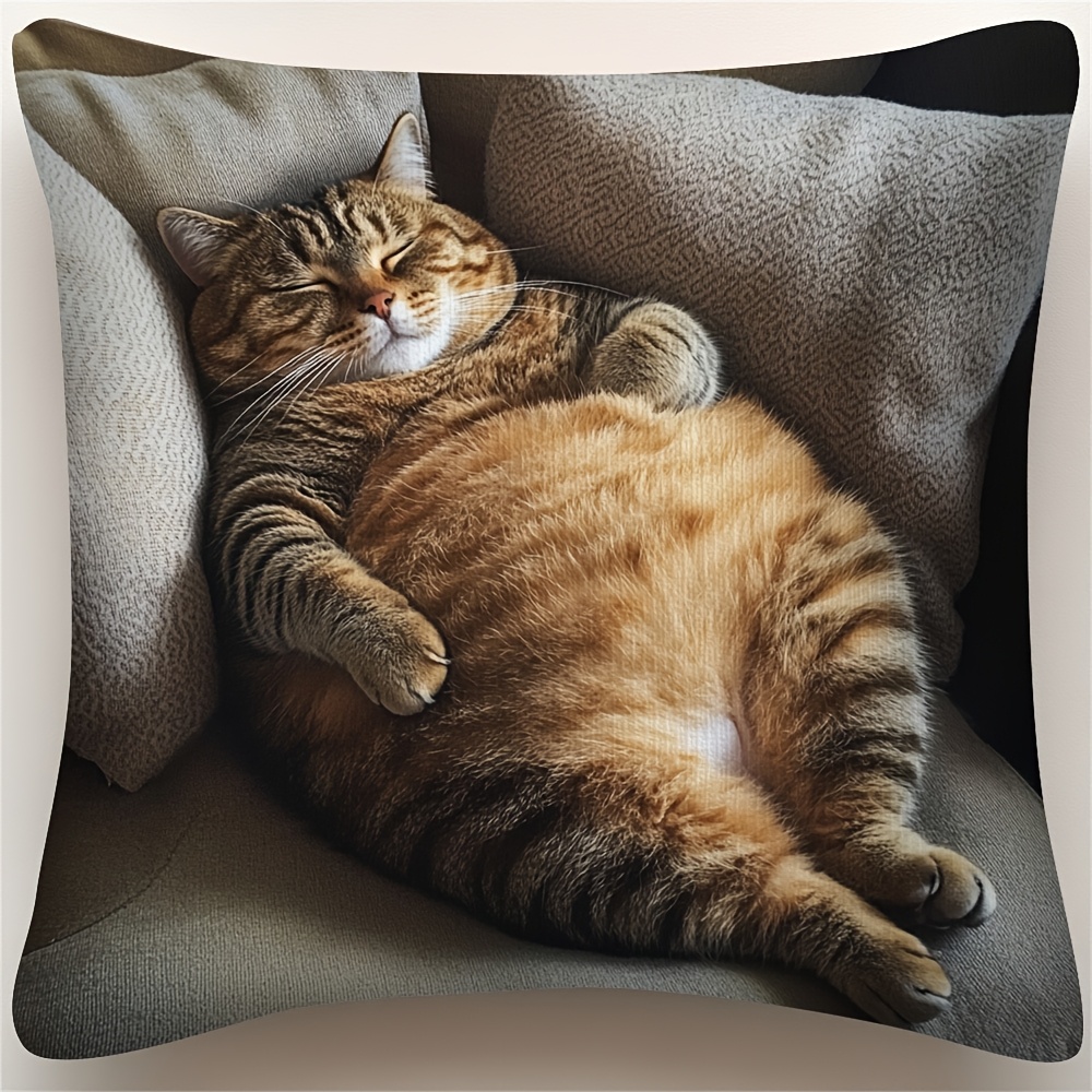 TEMU 1pc Vintage Style Chubby Cat Design Pillowcase Contemporary Durable And Soft Fiber Cushion Cover Decoration