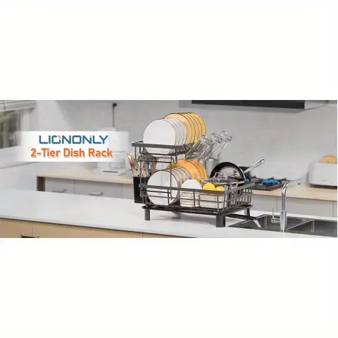 1 2 tier dish drying rack multifunctional dish rack kitchen counter stainless steel dish drainer with utensil holder cup holder dishes knives spoons forks black Product details 0