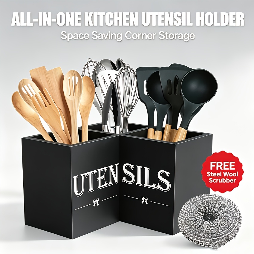TEMU Large Kitchen Utensil Corner Storage Box(with Wire Brush), 3 Compartments- Wooden Countertop Organizer Rack. Used Storing Scrapers, Mixers, And
