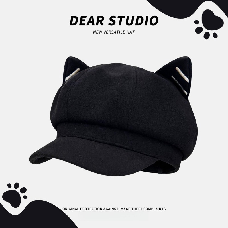 TEMU Japanese Cute Cat's Ears ( Cat-ear Shaped Bread) Beret For Female Spring And Autumn Duck Tongue Newsboy Octagonal Hat For Versatile , , Soft And