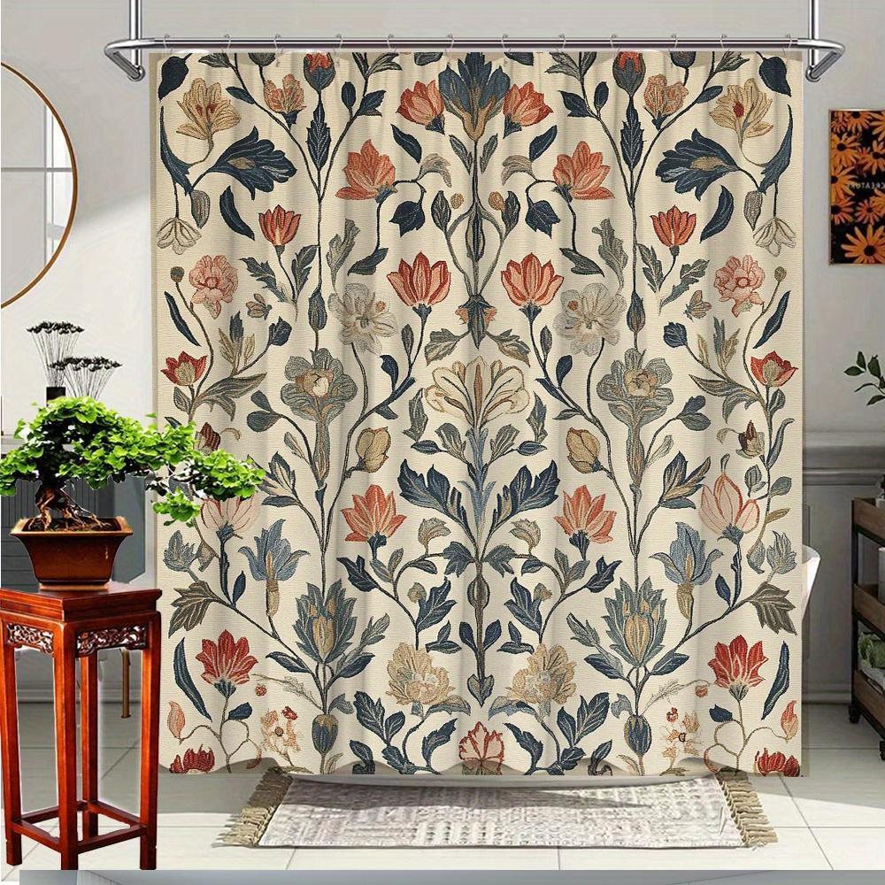 TEMU 1pc A Floral Shower Curtain Featuring A Design, Made Of Elegant Polyester Fabric For Bathroom Decor, Comes With 12 Hooks, Measuring By Inches