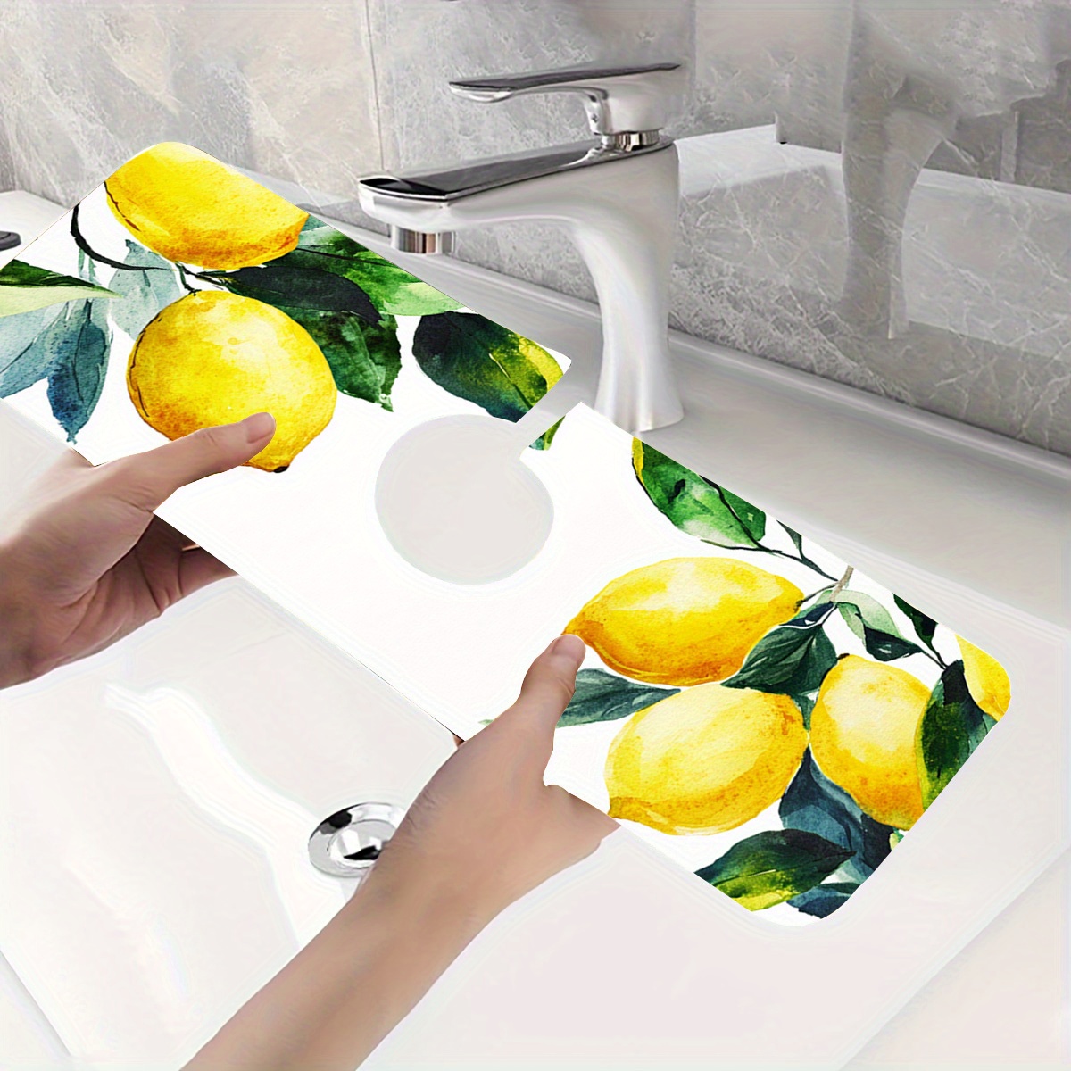 1pc Lemon Pattern Tableware Drying Mat Faucet Mat Durable Polyester  with Diatomaceous Earth Suction Cups, Non-Slip Kitchen Bathroom Sink Mat, 