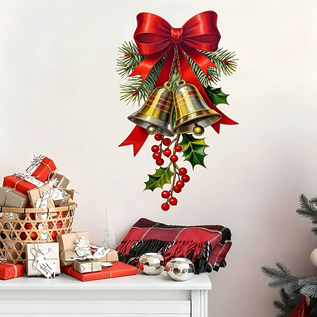 TEMU Christmas Wall Stickers, Self-adhesive Removable Wall Decals, Home Decor For Living Room, Bedroom, Hallway And Party, Red Bow Holly Pine Branch,