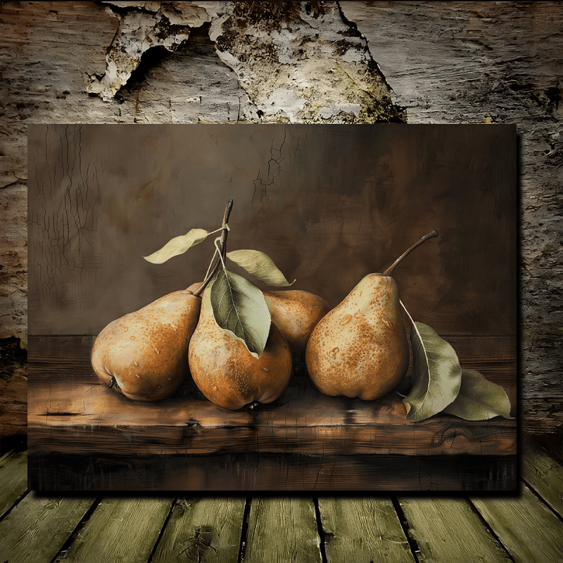 TEMU 2d Flat, 2d Flat, 2d, 1pc Vintage Pear Still Life Canvas Artwork, Framed In Wood For Kitchen Decoration, Suitable For Home Decor, Living Room,