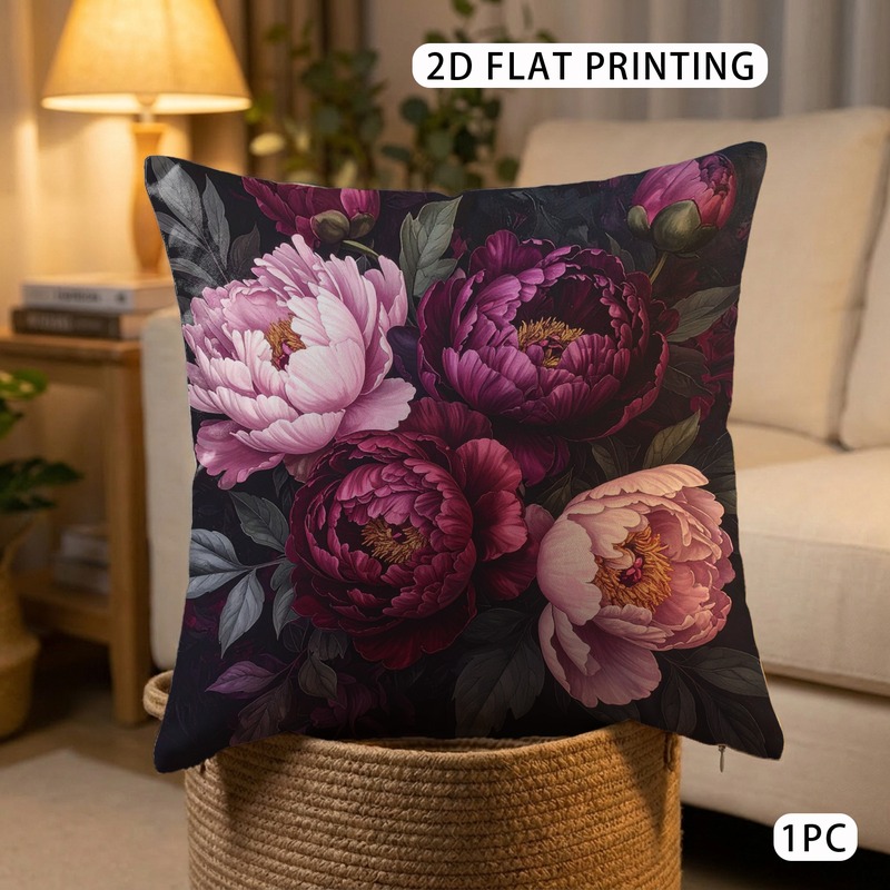 TEMU Kussensloop met 1-delige 2D platte bedrukking met bloemenpatroon van fluwelen pioenrozen, weelderige gratie, polyester, dubbelzijdig, duurzaam,