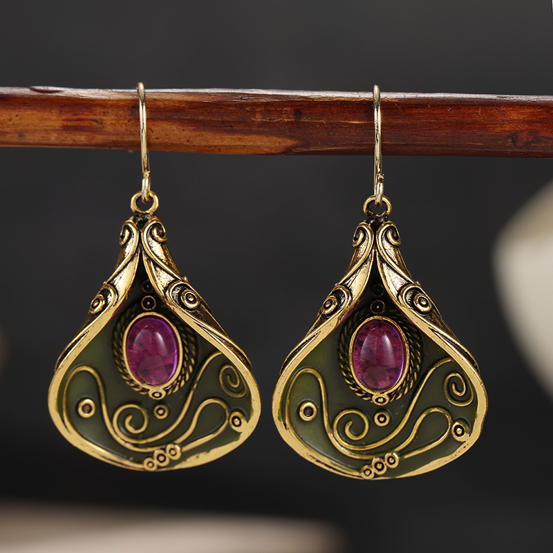 TEMU Vintage Inlaid Purple Resin Drop Women's Earrings Ethnic Golden Color Hand Carving Pattern Daily Wear Party Jewelry Anniversary Gift