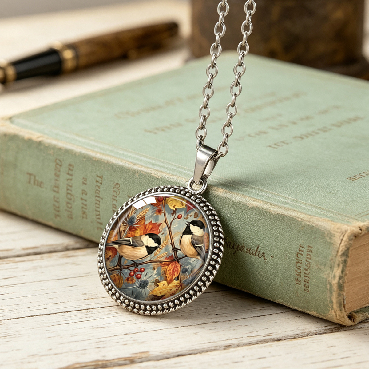 TEMU 1pc Autumn/winter Small Bird And Autumn Leaf Print Round Pendant Necklace, Unisex Versatile Artistic Decorative Necklace