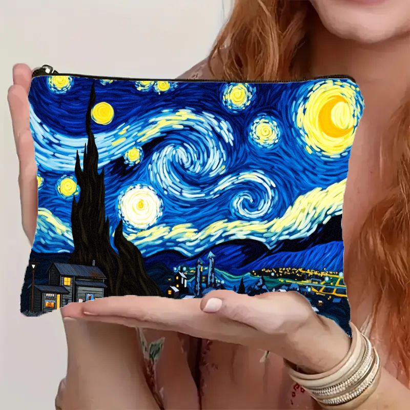 TEMU Van Starry Night Art Print Cosmetic Bag With Zipper Closure - Iconic Van Painting Design, Lightweight Travel Toiletry Organizer Pouch Suitable