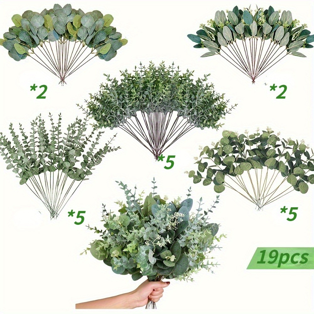 

19pcs Artificial Eucalyptus Leaves & , Greenery For Wedding Bouquets, Floral Centerpieces, Spring/summer Decor, No Power Needed, Battery-free, Party Supplies