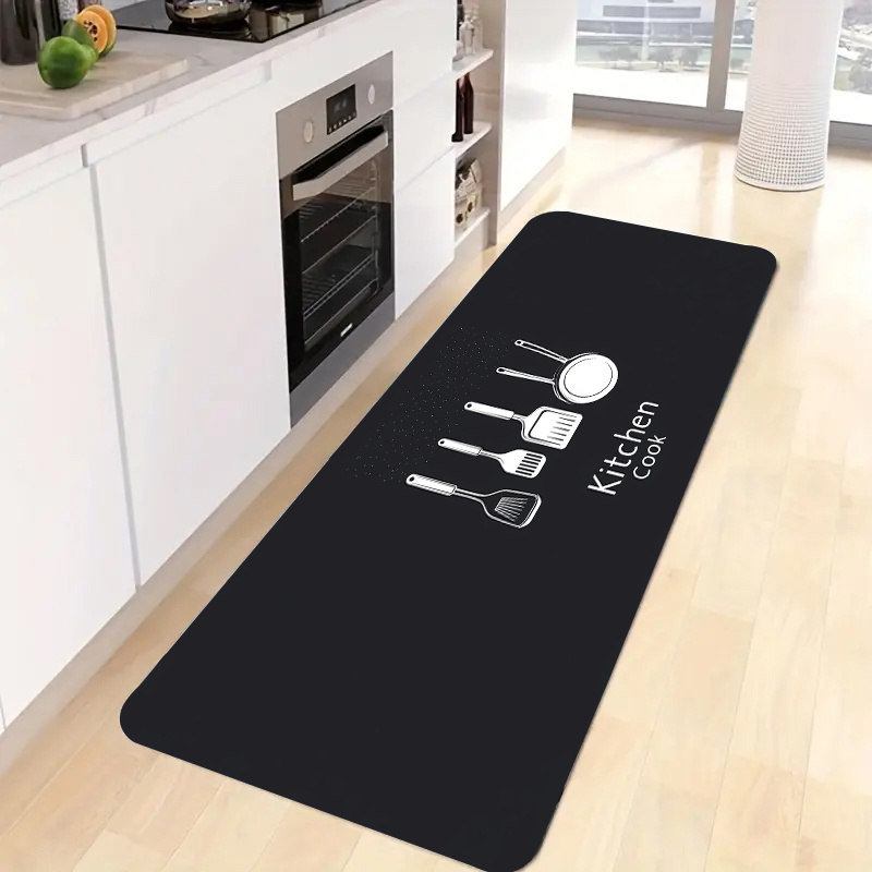TEMU 1.1cm Thick Non-slip Kitchen Floor Mat With Black & White Utensil Design - 100% Polyester Mat For Living Room, Porch, Balcony - Machine Washable