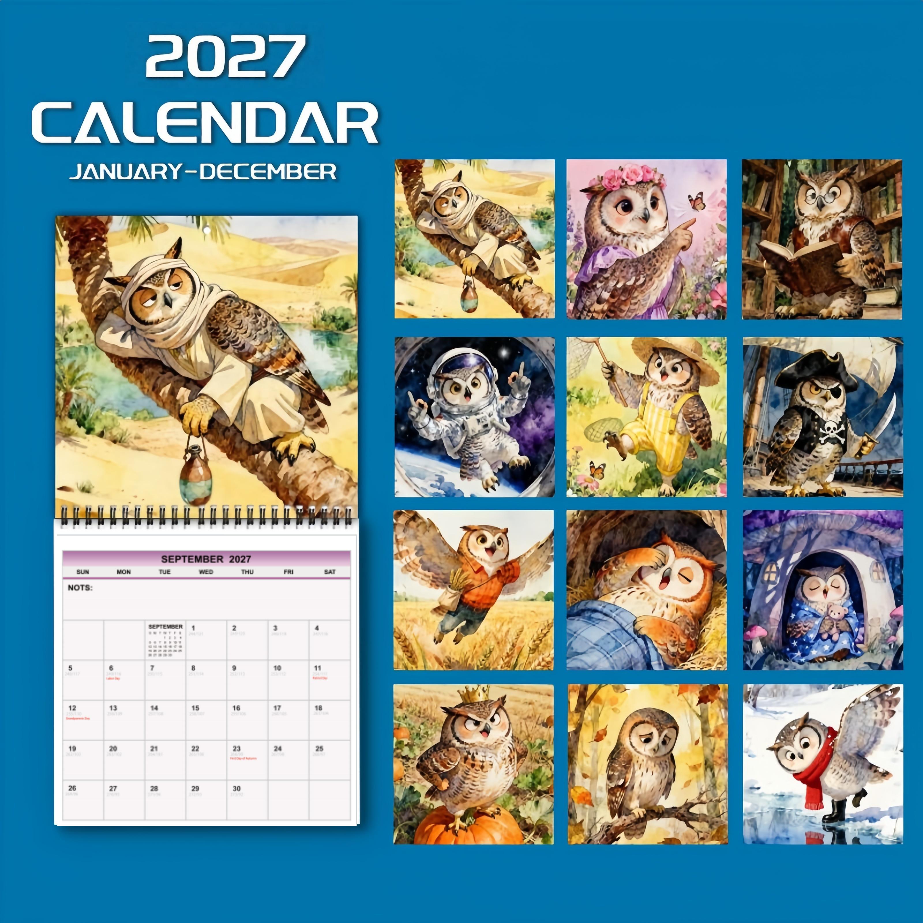 TEMU 1pc 2027 Cute Owl Wall Calendar Planner With View - English Tabbed Monthly Calendar Suitable For Home Office Decor, To December 2027, Owl-themed