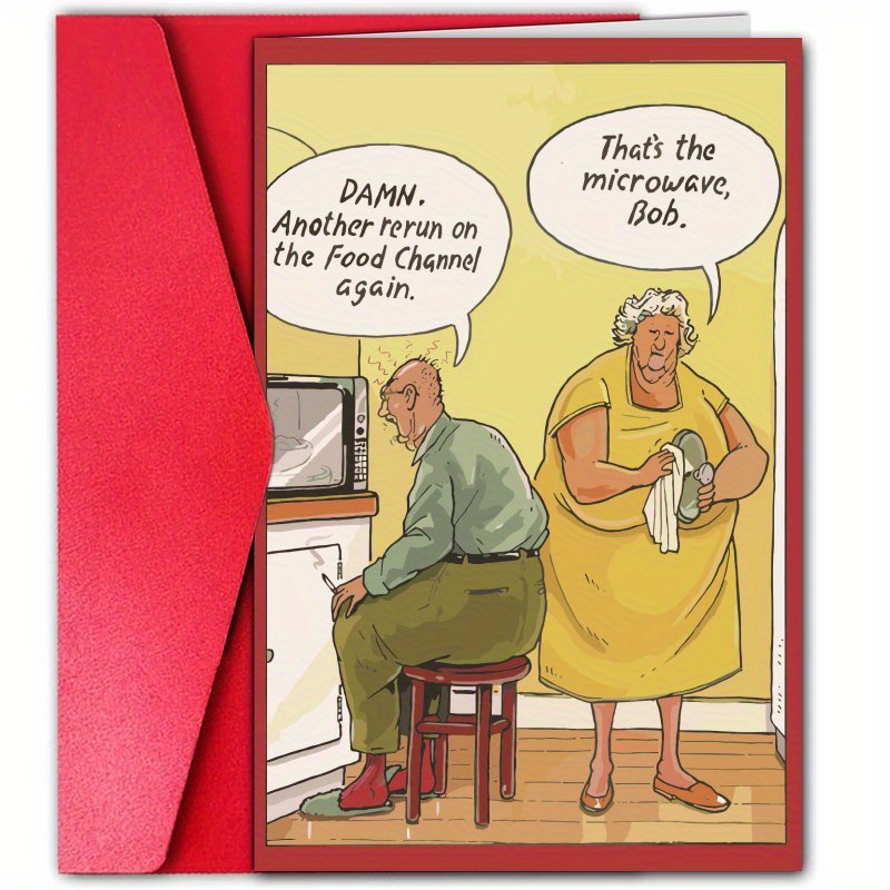1pc funny anniversary card with cartoon design humorous damn thats the microwave conversation red envelope premium cardstock paper for husband wife   no electricity needed humorous gift   illustration vibrant colors 0