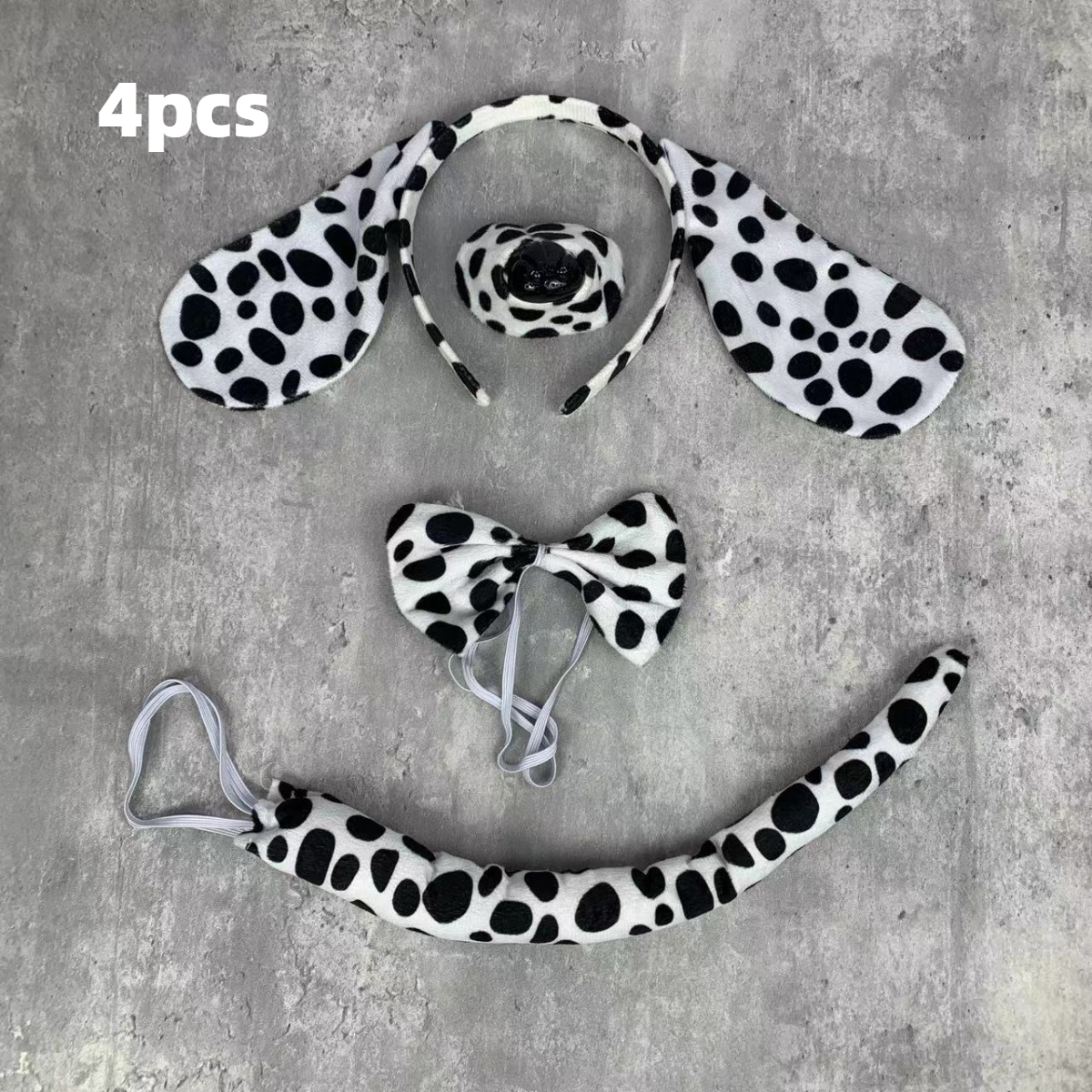 TEMU 4pcs Dalmatian Dog Ears Headband & Tail Costume With Nose & Bowtie - Realistic Puppy Outfit For &, For Halloween, Cosplay Parties, Role-play -