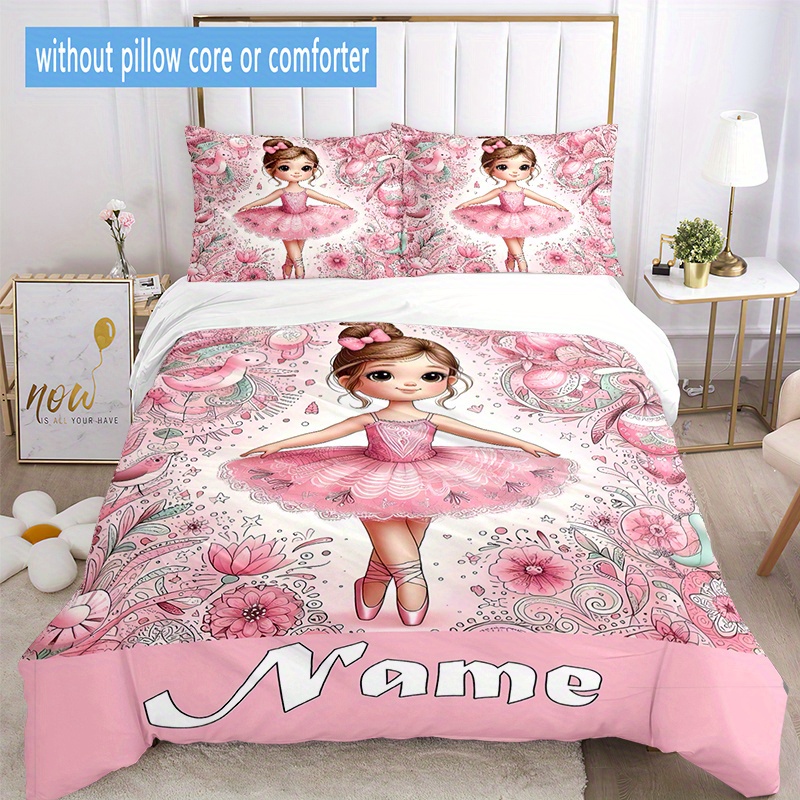 

3pcs Custom Name Cute Ballet Girl Bedding Set Duvet Cover Closure Includes 1 Duvet Cover & 2 Pillowcases For All Bedroom Decor, Christmas Gifts