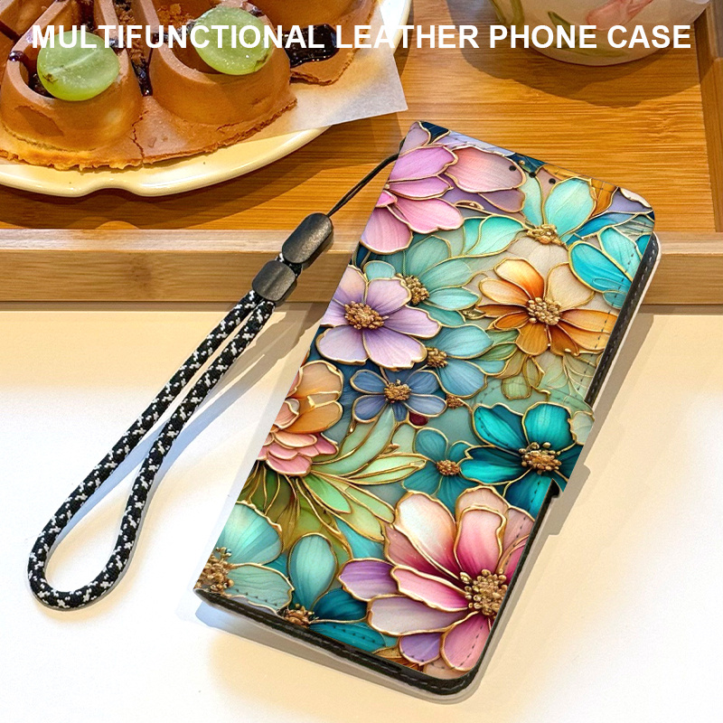 TEMU Phone Case: Vintage Floral Pattern Magnetic Flip Wallet Phone Case With Card Slot, Lanyard, And Foldable Stand, Compatible With Oppo Reno 14/14f