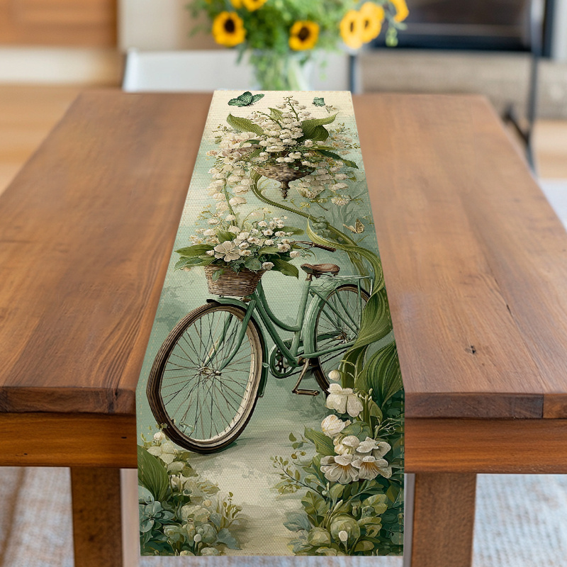E-shop Tischläufer, Tischdecke, Blumen- Fahrrad-Design mit Schmetterlingen, in Hellgrün- Weißtönen, für Frühling, Valentinstag, Muttertag, Geburtstag,