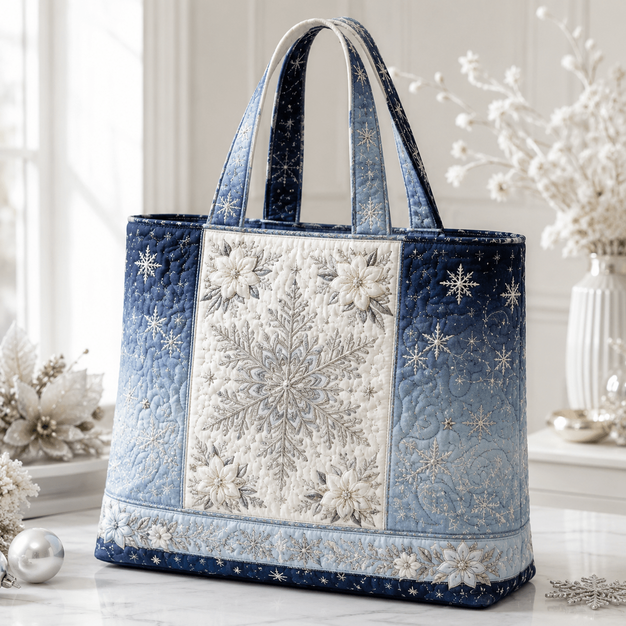 Image of 17*15inchwomen's Quilted Tote Bag, Silvery Snowflake, Navy Winter Pattern, Elegant Snow Holiday Quilted Design, Soft Handheld Bag, Large Capacity School Work Bag For Daily Use