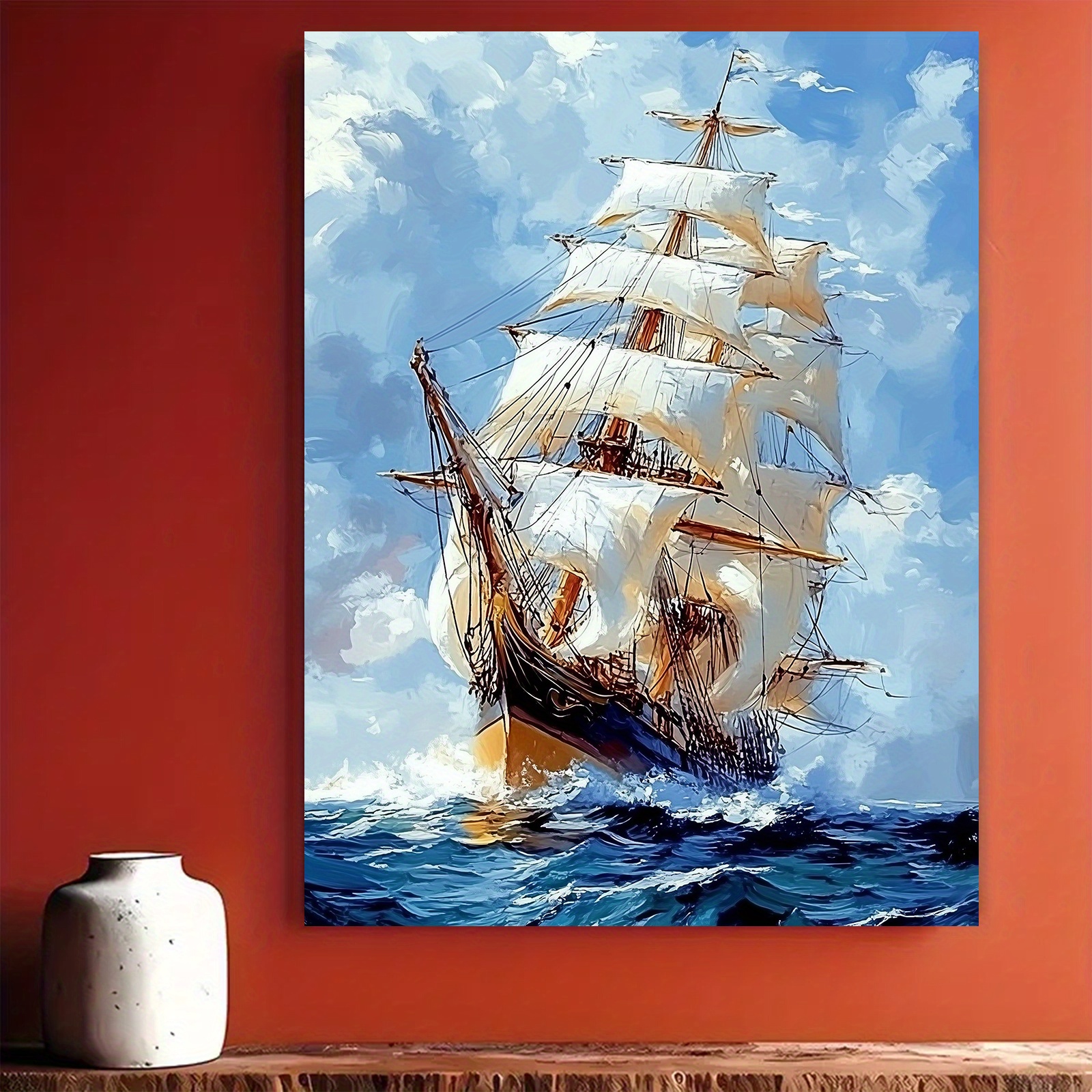 E-shop 2D-Flach, . gerahmtes Leinwandbild, Segelschiff-Ölgemälde-Kunstwerk, Dekorieren Sie Ihr Zuhause mit der der Natur, ideal für Ihr Schlafzimmer