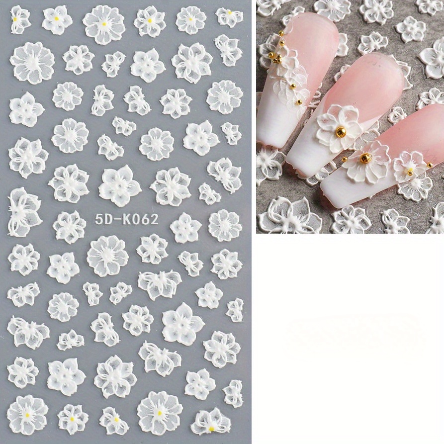 1 Sheet White Flowers Lace Nail Stickers 5d Decals Embossed Floral Nail Slider Decoration For Manicure