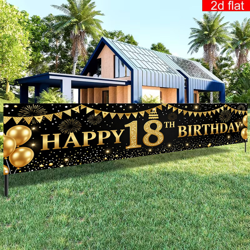 TEMU 2d Flat, 1pc 1pcs Suitable For Home Indoor/outdoor Golden 18th Birthday Banner With Balloon Firework Cake Number 18 Decorations - Square Banner