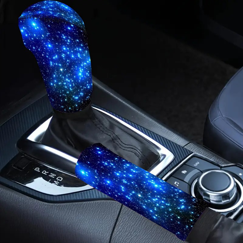 

2pcs Universal Car Shift Knob And Covers, Blue Pattern, Dustproof Polyester Fiber, With Car Interior Accessories For Suvs And Vehicles