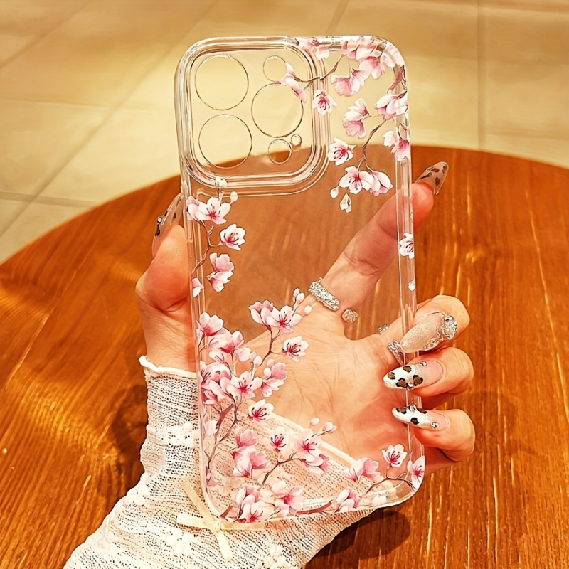 TEMU Phone Case - Gorgeous Cherry Pattern Transparent Full Coverage 2d Flat Phone Case, Suitable For Iphone X/11/12/13/14/15/16/17/air/pro/pro
