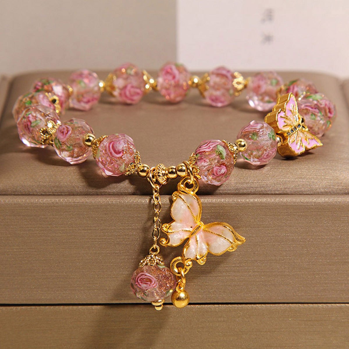 TEMU Bohemian Pink Rose Glass Beaded Bracelet With Pendant, Handmade Oil , Skin-friendly Jewelry, Suitable For Daily Wear And Valentine's Day Gift