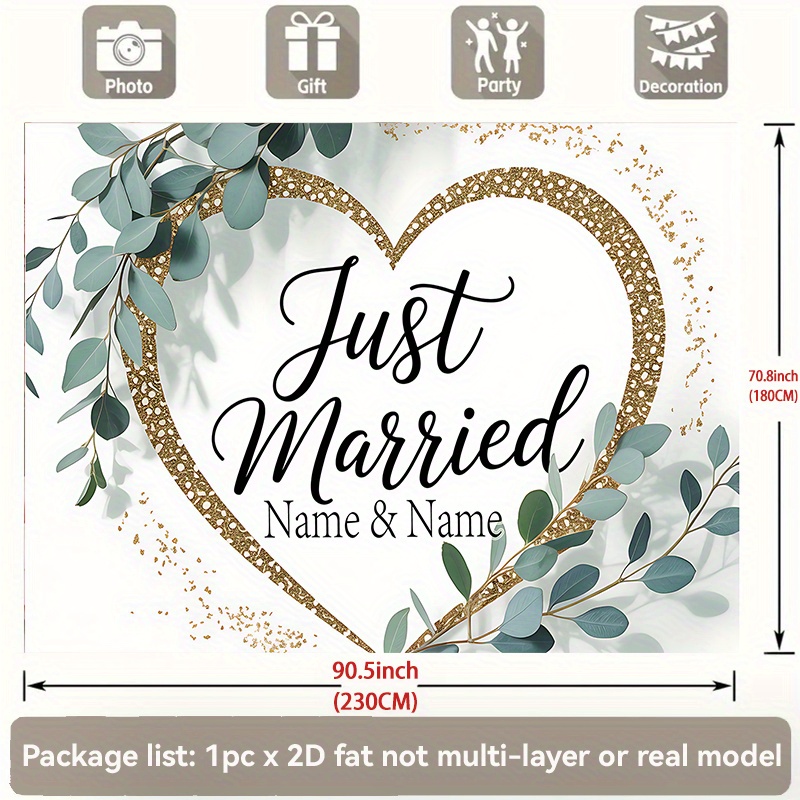 E-shop 2D Flat - 2D Flat - [Partybanner] Personalisiertes 2D Flat mit Namens-Text, "Neuvermählt" Ankündigung mit goldenem Herz und Eukalyptus, für
